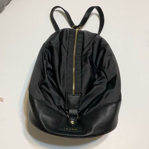 Loume Black Nylon and Vegan Leather Slouchy Backpack, Gold hardware - Picture 10 of 16